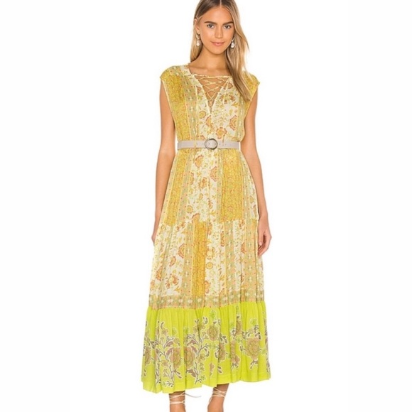 Free People Hanalei Bay Maxi Dress in Green Yellow Retro Floral Print size S NWT - Picture 1 of 14